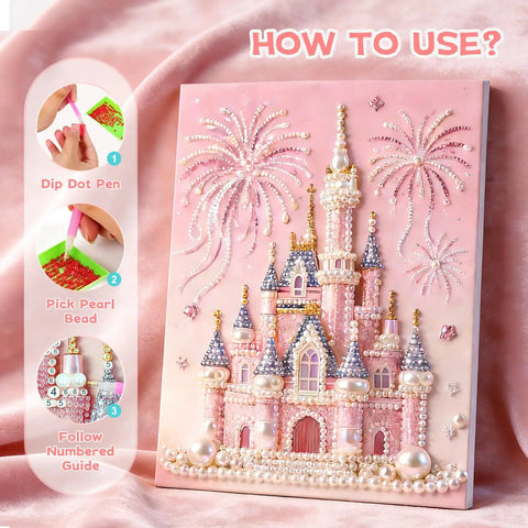 Dope 3D Castle Beaded Art Kit With Pearl Painting shown with step-by-step guide on pink canvas, perfect for beginners and decor.