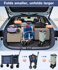 Collapsible Wagon Cart With Big Wheels And Brakes 250 Pound Capacity Lightweight Foldable Utility Wagon shown folded in car trunk