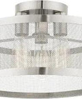 Three Light Brushed Nickel Semi Flush Mount Ceiling Light With Stainless Mesh Shade Modern Industrial Vibe 6 Inch Canopy Bulbs Not Included Easy Install, showcasing its brushed nickel finish and mesh detail.