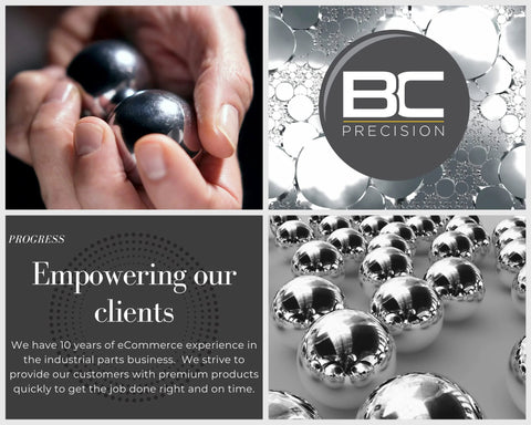 Chrome steel bearing balls, 1/8 in, 1,000-pack, BC Precision; close-up of hands holding spheres.