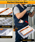 Badass Durable 690 Piece Wood Screw Assortment Kit With 304 Stainless Steel Pan showcased in easy-to-carry storage box.