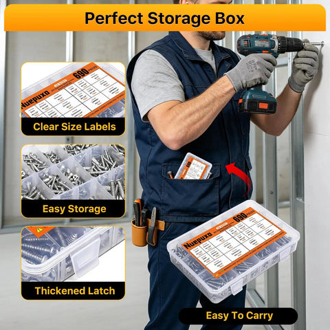 Badass Durable 690 Piece Wood Screw Assortment Kit With 304 Stainless Steel Pan showcased in easy-to-carry storage box.