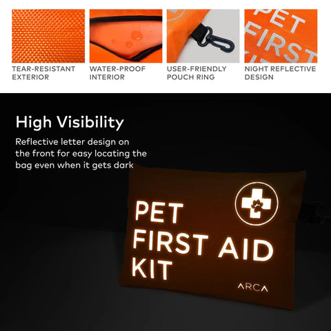 Waterproof High Visibility Dog First Aid Kit with reflective pouch showing tear-resistant exterior and waterproof interior.