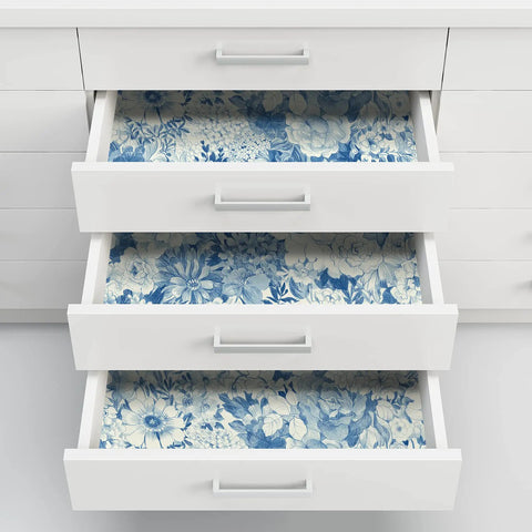 Open drawers lined with Indigo Empress Garden Peel And Stick Wallpaper Blue Floral Look For Walls Easy Application And Repositionable