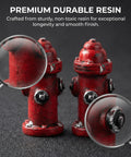 Close-up of two red resin fire hydrant figurines, 1.77 inches tall, for dollhouse decor and crafts, shown with magnifying glasses.