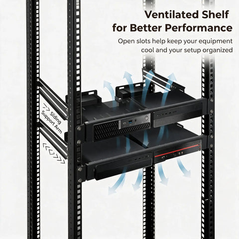 Heavy Duty Double Stack 19 Inch 1U Rackmount Bracket For Mini Pc Server Enclosure showing ventilated shelf with open slots.