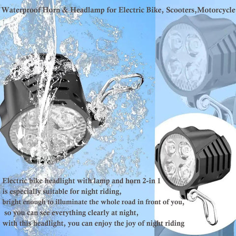 LED Bike Headlight With Horn For Electric Bikes And E Scooters 4 Bead Beam Waterproof 3 Pin Male Connector 36V 48V Compatible 15 Inch Wire Replacement Headlamp For Night Ride