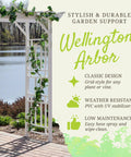 Vinyl Garden Archway For Outdoors, 72 By 85 Inches, White With Lattice Design And Trellis Sides near a lake.