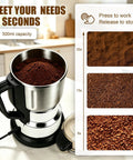 Premium 304 Stainless Steel Electric Grain Mill Grinder Crushes Wheat, Coffee Beans, Corn, Oats & Spices Into Fine Flour showing interior with ground coffee.