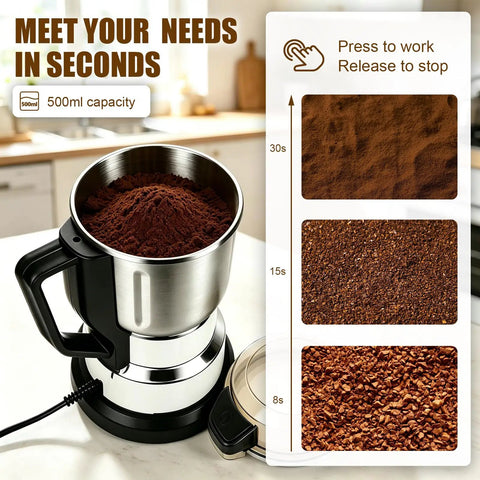 Premium 304 Stainless Steel Electric Grain Mill Grinder Crushes Wheat, Coffee Beans, Corn, Oats & Spices Into Fine Flour showing interior with ground coffee.