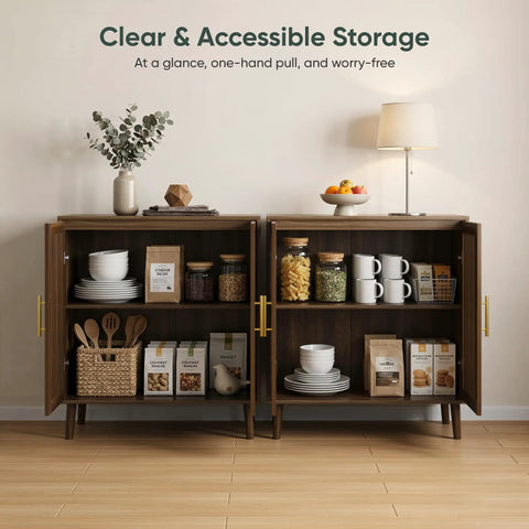 Must Have Farmhouse Style Sideboard Cabinet 31.5 Inch Wide with Slatted Doors and Adjustable Shelves open for storage view