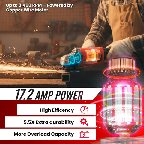Rugged 7 Inch Angle Grinder With 17.2 Amp Motor 8400 RPM Industrial Electric Grinder For Pros Includes 2 Extra Carbon Brushes Built For Heavy Duty Tasks And Professional Performance 2 Year Warranty in use in workshop.