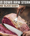 Meat carving fork, stainless steel two-prong design, used with a chef knife to carve a raw beef roast.