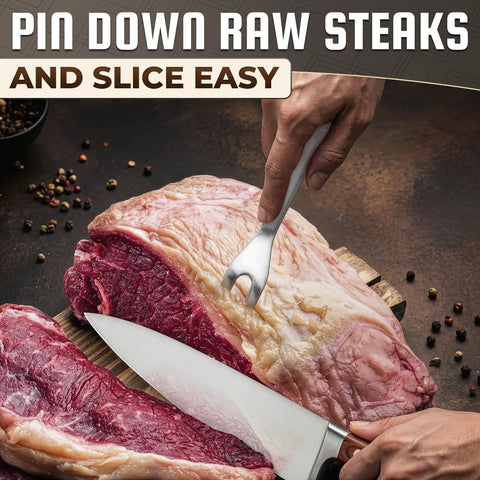 Meat carving fork, stainless steel two-prong design, used with a chef knife to carve a raw beef roast.