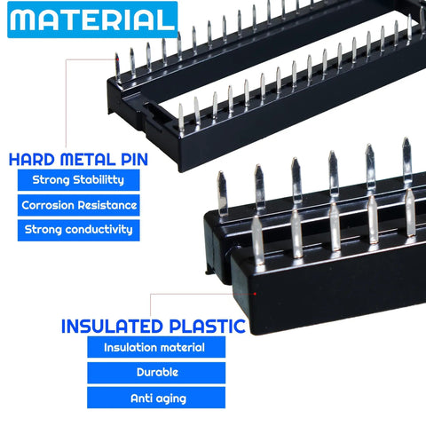 Close-up of the 155 Piece Dip IC Socket Kit With 2.54mm Pitch Solder Type Adapters showing metal pins and plastic insulation.