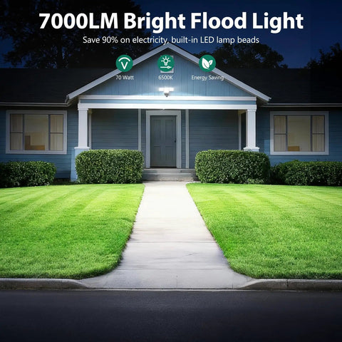 Built Tough 70W Outdoor Security Light 7000 Lumens Four Head LED Flood Lamp With Motion Sensor Hardwired Dusk To Dawn IP65 Waterproof For Backyard Patio Driveway