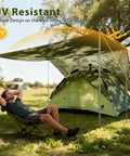 Big Ol 17x10 Ft Camping Tarp Shelter Waterproof UV-Resistant Rain Fly for Hammocks and Tents with tent underneath on sunny day