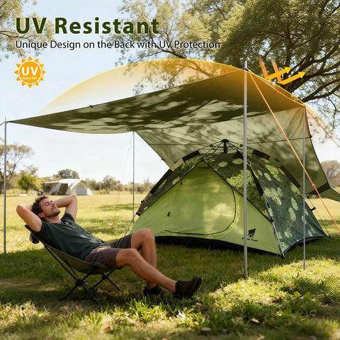 Big Ol 17x10 Ft Camping Tarp Shelter Waterproof UV-Resistant Rain Fly for Hammocks and Tents with tent underneath on sunny day