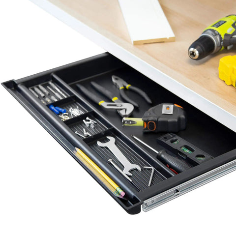 Under Desk Pencil Drawer With Ball Bearing Slide-Out Organizer for Office Supplies Paper and Pencils, tools organized inside