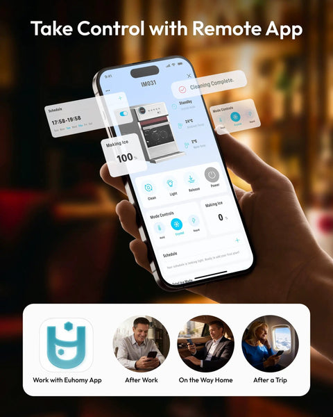 Smartphone app control interface for Elite Countertop Clear Ice Ball Maker featuring remote operation and scheduling options.