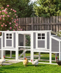 98 Inch Large Wooden Chicken Coop For 6 To 8 Chickens With Pull Out Tray, Four Nesting Boxes in a backyard setting