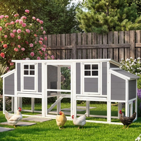 98 Inch Large Wooden Chicken Coop For 6 To 8 Chickens With Pull Out Tray, Four Nesting Boxes in a backyard setting