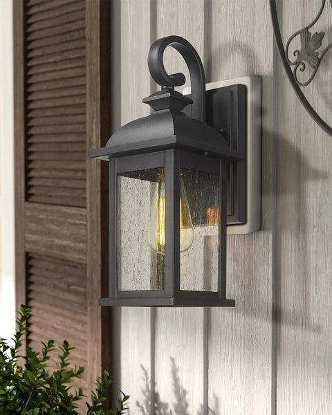 Matte Black Outdoor Wall Sconce With Seeded Glass 15 Inch Front Porch Light Fixture Exterior Wall Mount For Patio Garden Entryway E26 Base Up To 60W Bulb Compatible Easy Install Weather Resistant