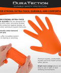 Orange 8 Mil Heavy Duty Diamond Textured Nitrile Disposable Gloves Large in use, demonstrating flexibility and grip