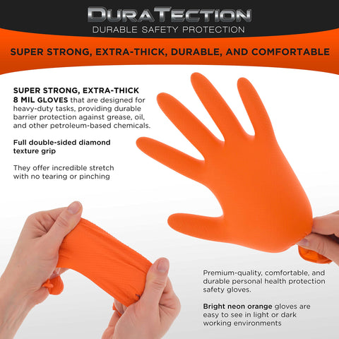 Premium 8 Mil Orange Nitrile Work Gloves Engineered With Diamond Texture For Rock Solid Grip And Top Shield Protection, Set Of Three Hundred Small Powder Free Disposable Safety Gloves That Are Latex Free Food Safe And Built Tough For Any Daily Grind, showcasing grip and stretch.
