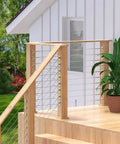 Outdoor deck with Adjustable 3/16 Inch Cable Railing Kit For 2x2 And 4x4 Wood Posts Stainless Steel Hardware, plant beside railing