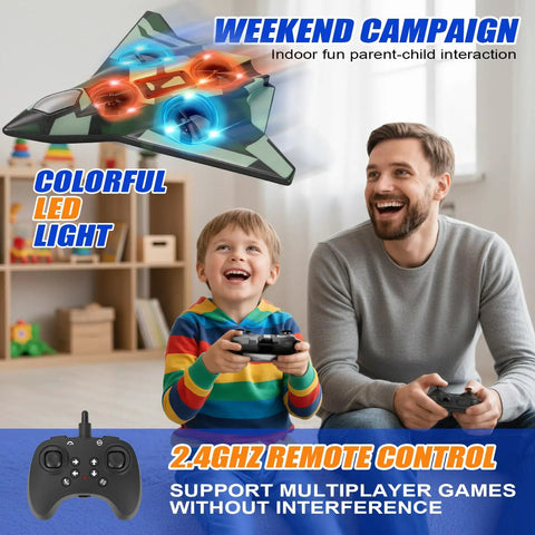 Child and adult playing with Foam Remote Control Airplane For Kids And Adults Durable And Easy To Fly With Stable Flight Perfect For Birthday Parties Beginner Friendly RC Plane Toy 2.4GHz Anti Interference Fighter Model For Safe Fun Multi Plane Flights indoors with LED lights and controllers