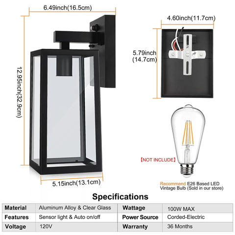 Bad Boy 13 Inch Dusk To Dawn Sensor Outdoor Wall Lights Large Wall Sconce 2 Pack showing dimensions and specifications.