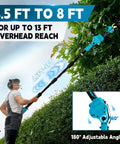 Hella Durable Brushless Pole Pruner With 8Ft Extension shown at 4.5ft to 8ft for tree trimming, adjustable angles for easy reach.