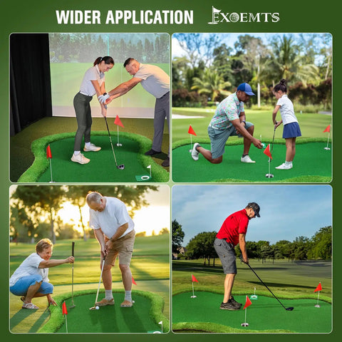 Collage of adults and kids using the Thickened Realistic Golf Putting Green 5 X 10 Ft Practice Mat For Indoor Outdoor.