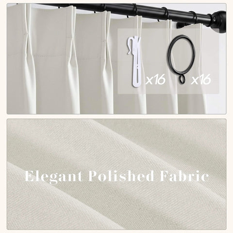 Cream Blackout Curtains With Matte Polished Finish and Pinch Pleat Linen Texture, hooks and rings shown for track system