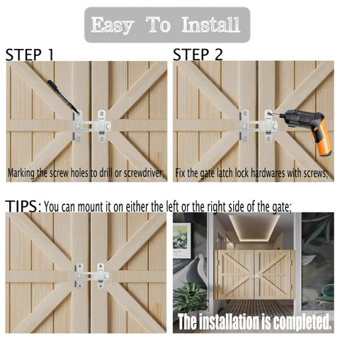 Installation steps for Four Pack 4 Inch Stainless Steel Gate Latches For Outdoor Fence Barn Doors Sliding Lock Hardware Black Finish Flip Latches For Cabinets Windows Closets Bifold Doors Durable Easy Install Built To Last.