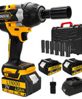 One Half Inch Cordless Impact Wrench With Brushless Motor, 1000 Newton Meters Of Torque And 740 Foot Pounds, Three Speed Settings From 0 To 3300 RPM, Includes Battery And Charger And Six Sockets
