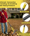 Person using 55 Inch Dual Head Thatching Rake For Lawn Care, Heavy Duty 19 Teeth Steel Garden Rake with reinforced handle