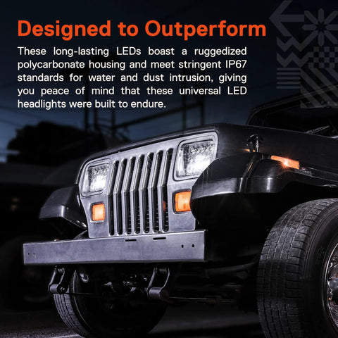 Jeep Wrangler with 7x6 And 5x7 H6054 LED Headlights For Trucks And Vans H4 Sealed Beam Replacement 6000K Pure White 3375 Lumens