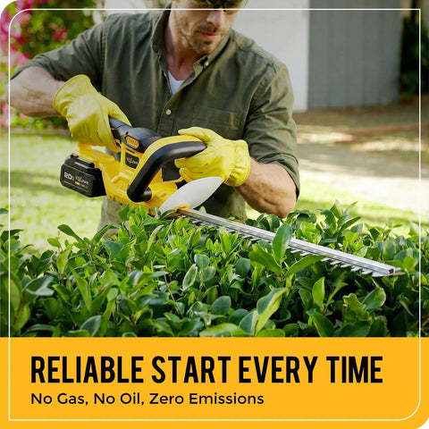 Person using Cordless 20V Hedge Trimmer with 22 Inch Blade on shrubs, wearing gloves, demonstrating no gas or cord trimming.