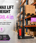 Heavy Duty Rock Solid Electric Straddle Pallet Stacker With 1.6KW Motor And 3500LB Capacity demonstrating max lift height of 98.4 inches in warehouse.