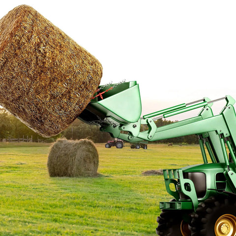 Green tractor lifting hay bale with 49 Inch Hay Spear for Skid Steer Loader, 3000 Lb Capacity Bale Fork Attachment With 60 Inch Chain