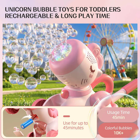 Magical Pink Unicorn Bubble Machine For Toddlers Ages Two To Four, Portable Electric Toy generating colorful bubbles outdoors.
