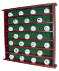 Mahogany Golf Ball Display Cabinet With Green Felt Backing And Brass Golfer Emblem Wall Mounted Display For Up To 49 Golf Balls