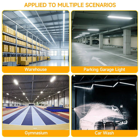 4 Foot LED Vapor Tight Shop Light With Adjustable Power And CCT 7800 Lumens in warehouse, parking garage, gym, and car wash