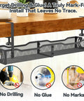 No-Drill Under Desk Cable Tray Organizer attached under a wooden desk with clamp mount, showcasing metal wire construction and no-tools installation.