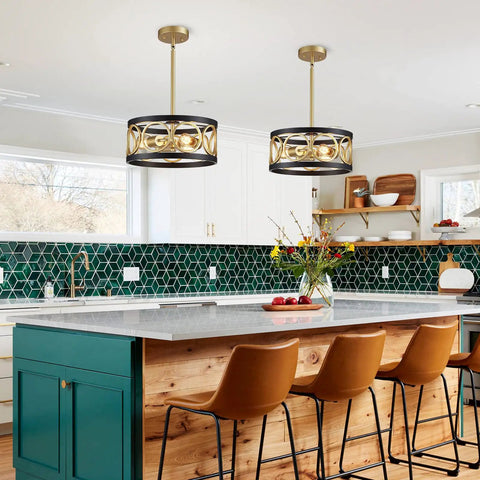Three Light Modern Pendant Chandelier for Dining Room Kitchen Island Height Adjustable Metal Black and Gold Fixture