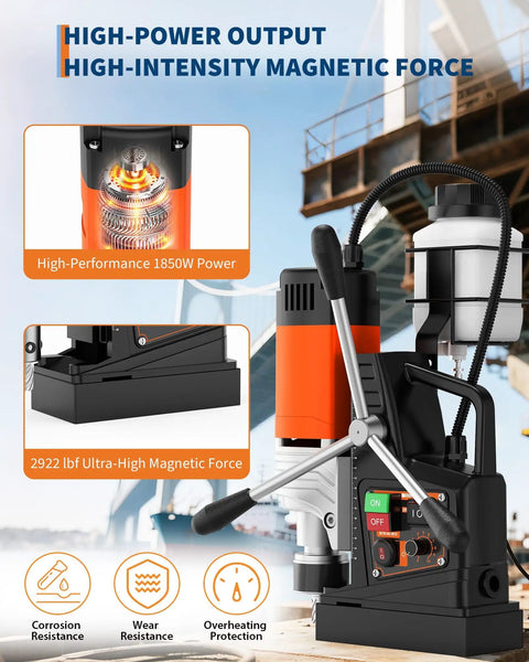 2 Inch Magnetic Drill Press 1850W High Torque Variable Speed Power Tool With Strong Holding Force For Industrial Boring and Heavy Duty Metalworking Projects close-up of control panel and magnetic base.