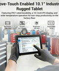 Glove-Touch Enabled 10.1 Inch Rugged Tablet used in a factory for diagnostics with a clear display and IP67 rating.