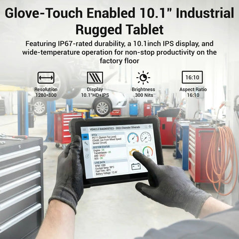 Glove-Touch Enabled 10.1 Inch Rugged Tablet used in a factory for diagnostics with a clear display and IP67 rating.